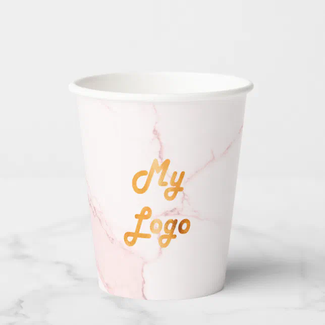 Blush pink marble business corporate logo qr code paper cups | Zazzle