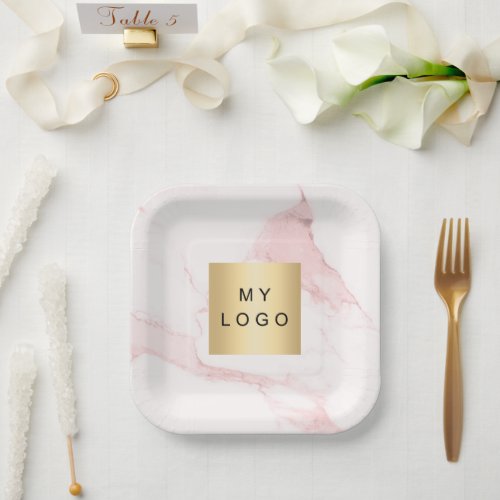 Blush pink marble business logo paper plates