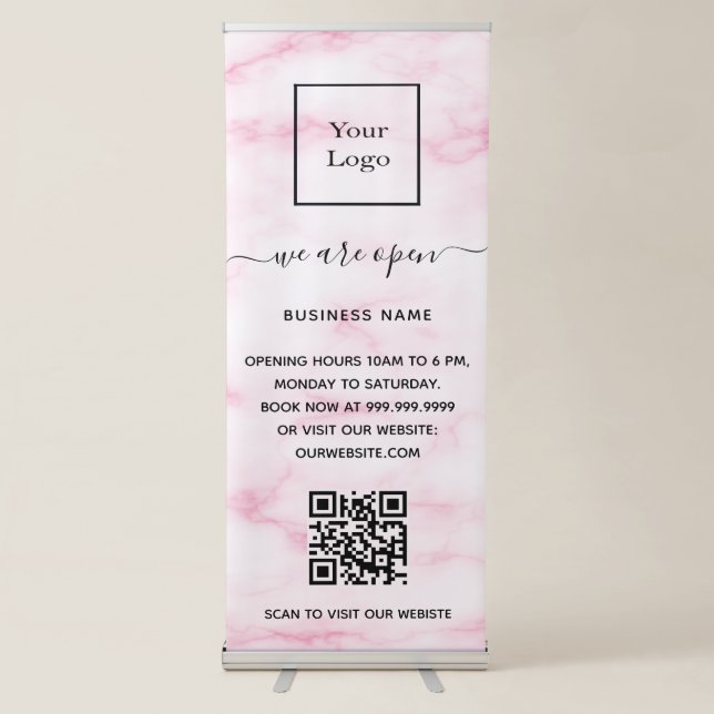 Blush pink marble business logo qr code retractable banner (Front)
