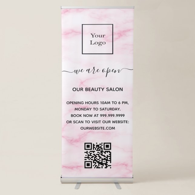 Blush pink marble business logo salon qr code retractable banner (Front)