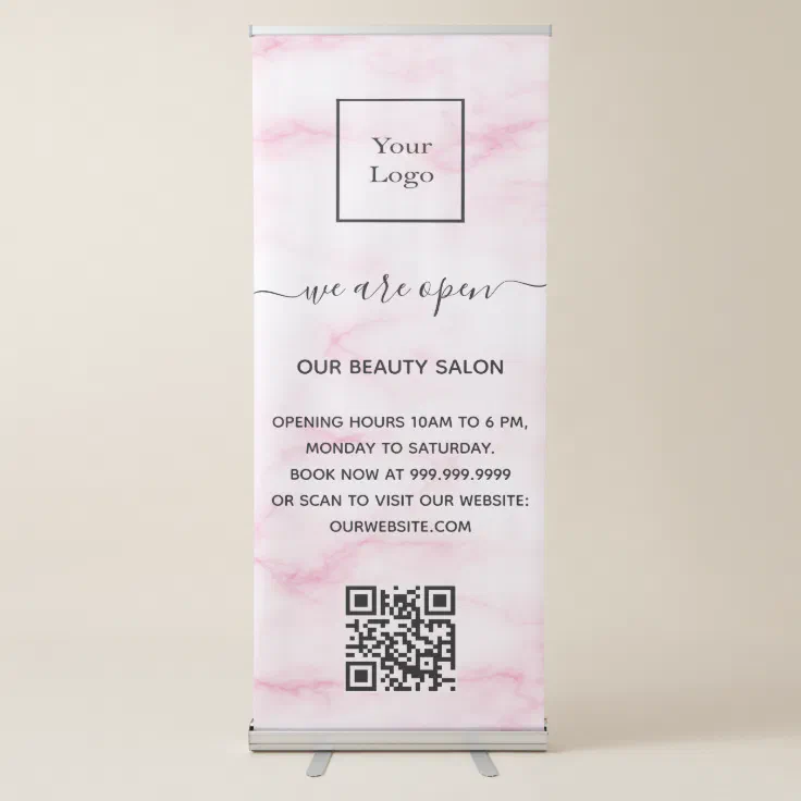 Blush pink marble business logo salon qr code retractable banner | Zazzle