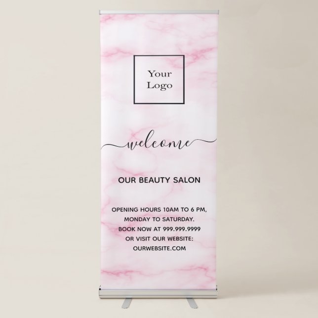 Blush pink marble business logo salon welcome retractable banner (Front)