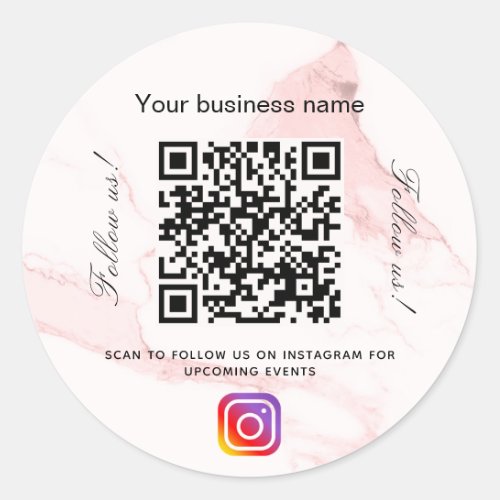 Blush pink marble business qr code instagram  classic round sticker