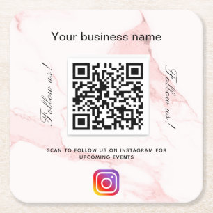 Blush pink marble business qr code instagram square paper coaster