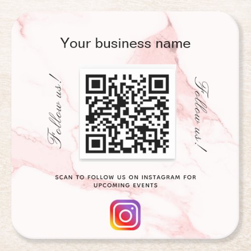 Blush pink marble business qr code instagram  square paper coaster