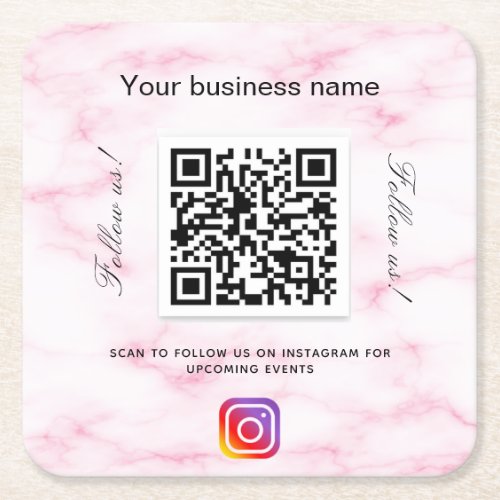 Blush pink marble business qr code instagram square paper coaster