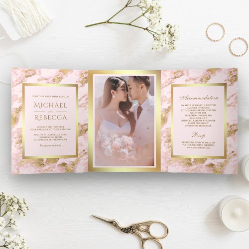 Blush Pink Marble Faux Gold Foil Photo Wedding Tri_Fold Invitation