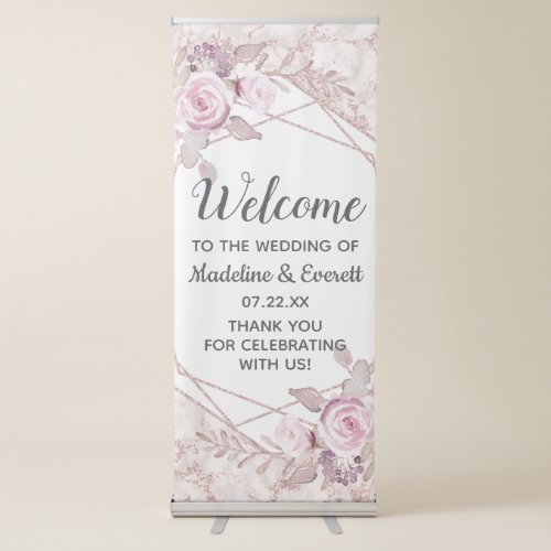 Blush Pink Marble Frame Floral Wedding Welcome Retractable Banner