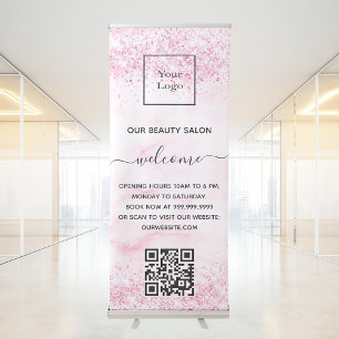 Blush pink marble glitter business logo qr code retractable banner