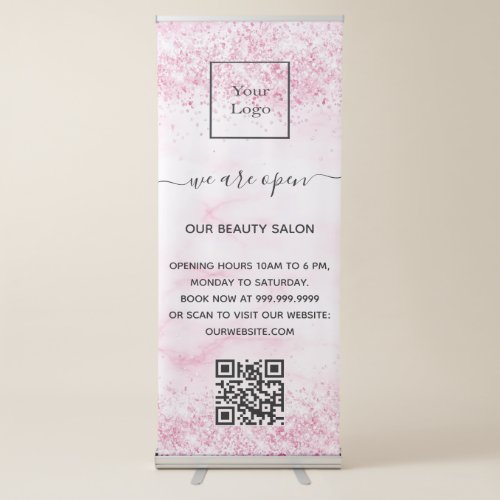 Blush pink marble glitter business logo qr code retractable banner