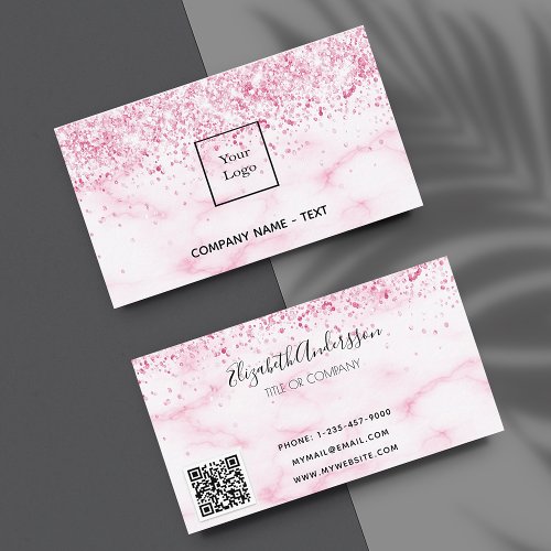 Blush pink marble glitter dust logo QR code Business Card