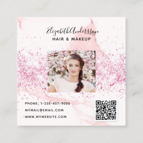 Blush pink marble glitter profile photo qr code square business card