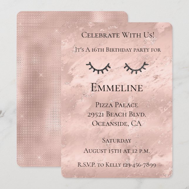 Blush Pink Marble Glitzy Black Glitter Eyelashes  Invitation (Front/Back)