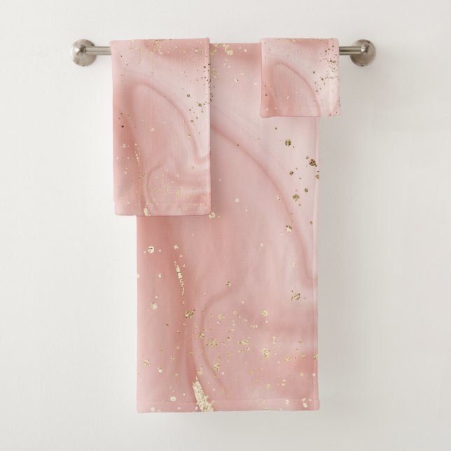 Blush Pink Marble Gold Glitter Abstract Pattern Bath Towel Set (Insitu)