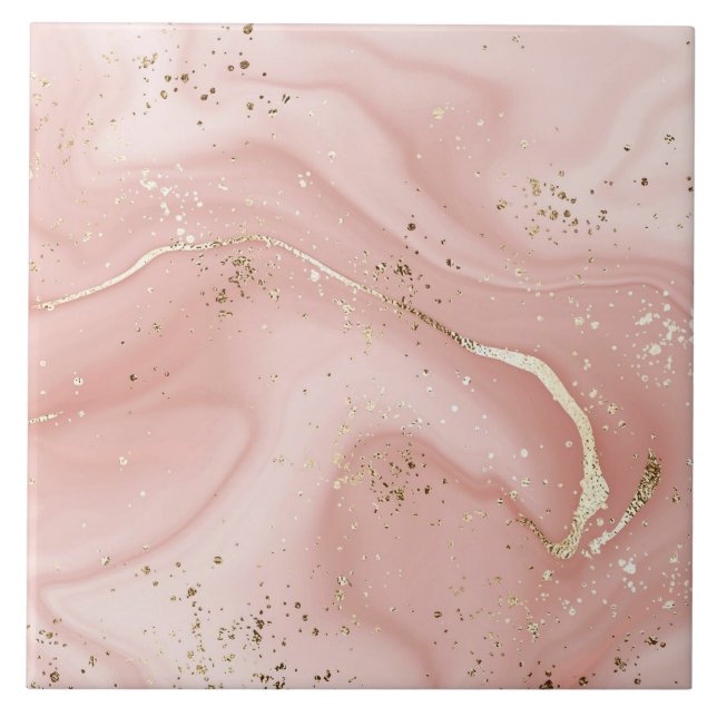 Blush Pink Marble Gold Glitter Abstract Pattern Ceramic Tile (Front)