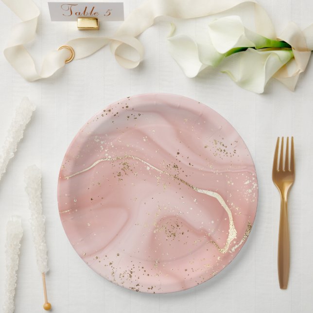 Blush Pink Marble Gold Glitter Abstract Pattern Paper Plates (Wedding)