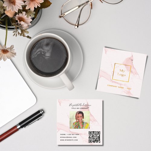 Blush pink marble gold photo logo QR code Square Business Card