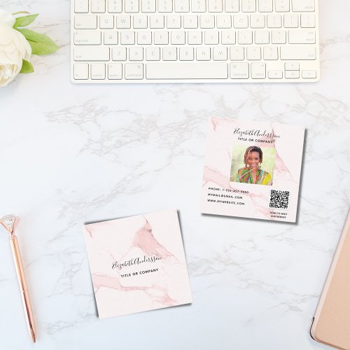 Blush pink marble gold profile photo QR code Square Business Card