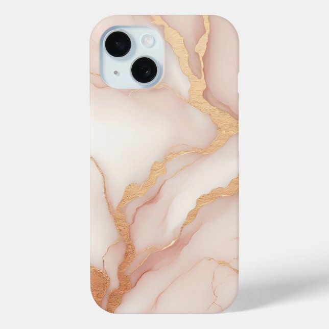 Blush Pink Marble iPhone 15 Case with Gold Veins (Back)