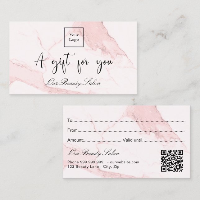 Blush pink marble logo qr code gift certificate (Front/Back)