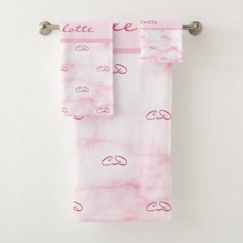 Blush pink marble monogram initials pattern name bath towel set