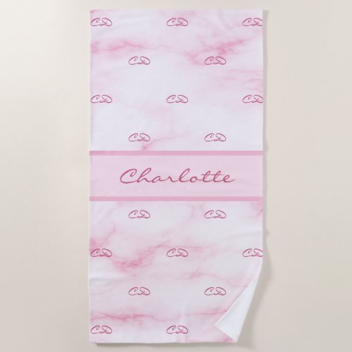 Blush pink marble monogram initials pattern name beach towel