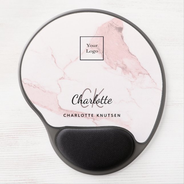 Blush pink marble monogram name business logo gel mouse pad (Front)