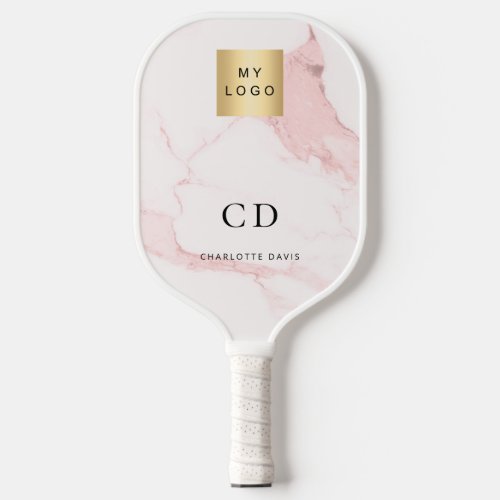 Blush pink marble monogram name business logo pickleball paddle