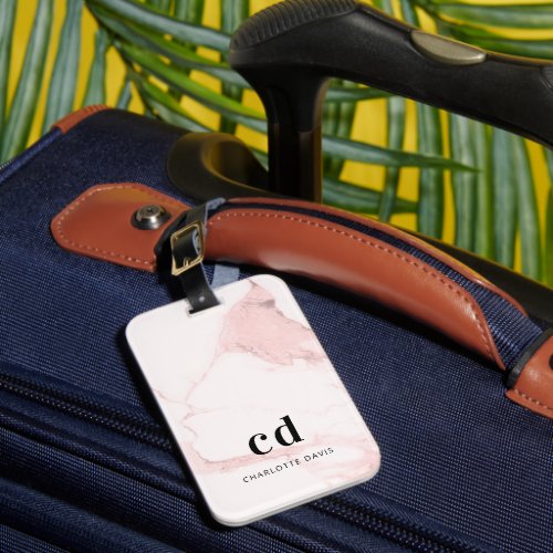 Blush pink marble monogram name minimalist luggage tag