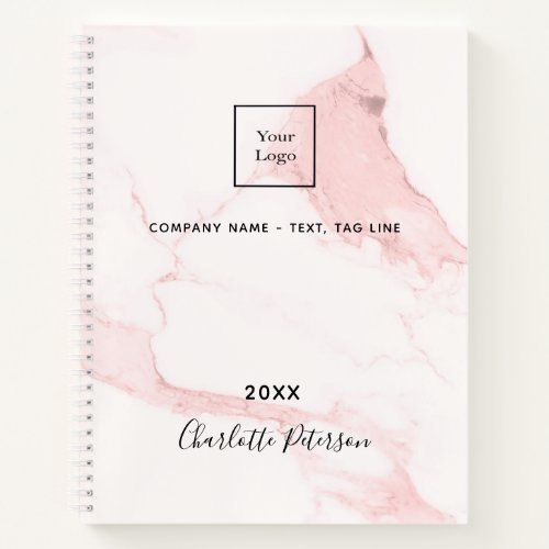 Blush pink marble name elegant business logo notebook