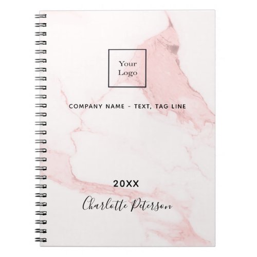 Blush pink marble name elegant business logo notebook