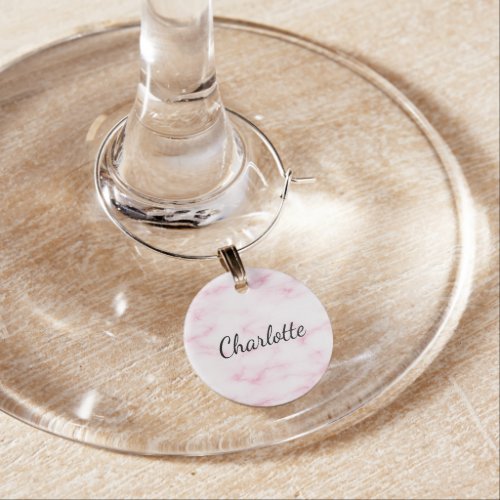 Blush pink marble name elegant script wine charm