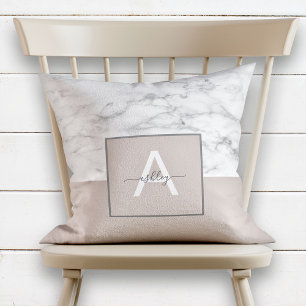 Blush Pink Marble Name Monogram Colorblock Throw Pillow