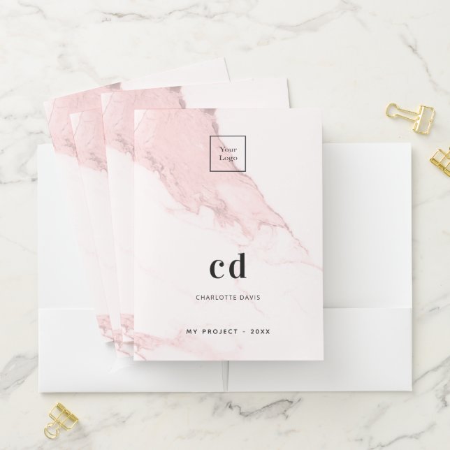 Blush pink marble name QR code logo business Pocket Folder (In Situ)