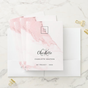 Blush pink marble name QR code logo business Pocket Folder