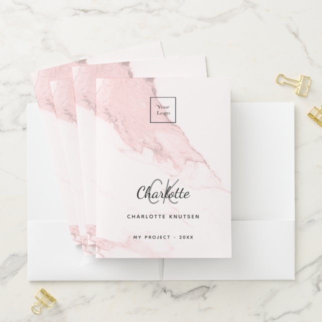 Blush pink marble name QR code logo business Pocket Folder (In Situ)