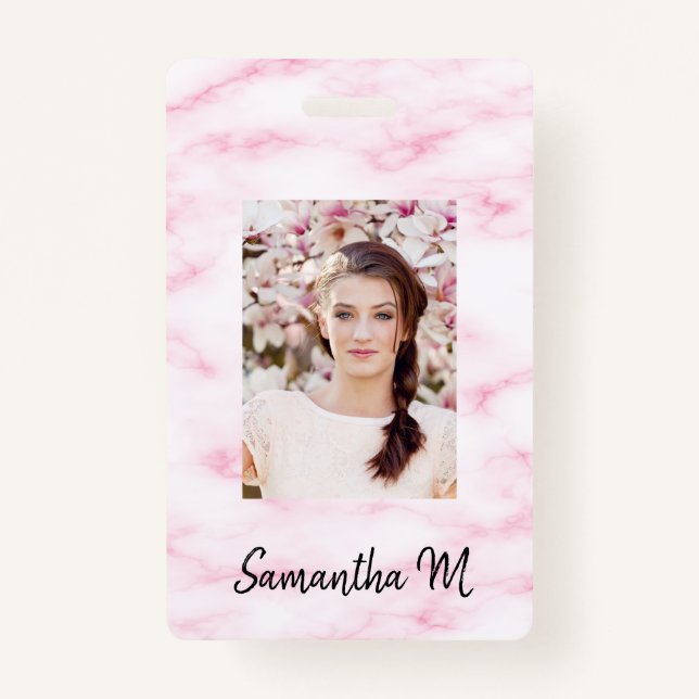 Blush pink marble photo name minimalist badge (Front)