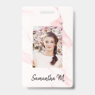Blush pink marble photo name minimalist badge