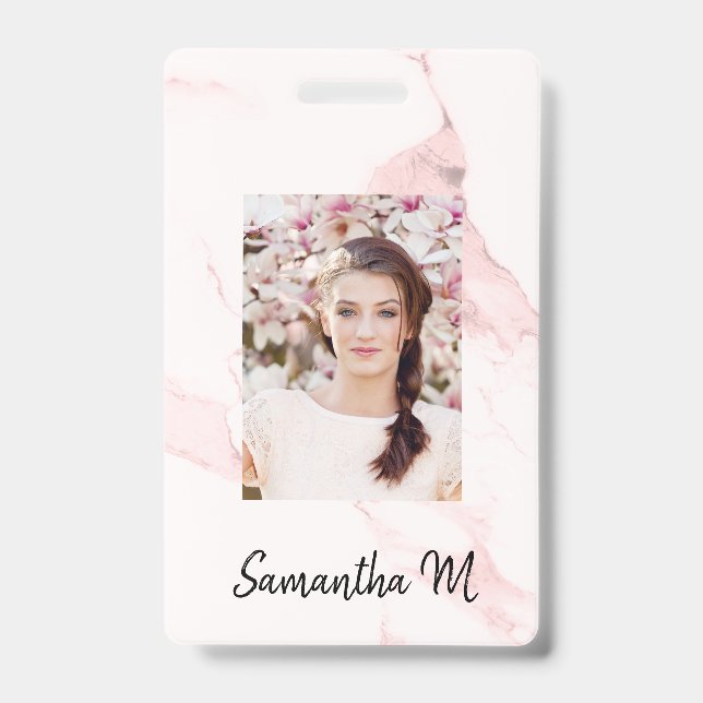 Blush pink marble photo name minimalist badge (Front)