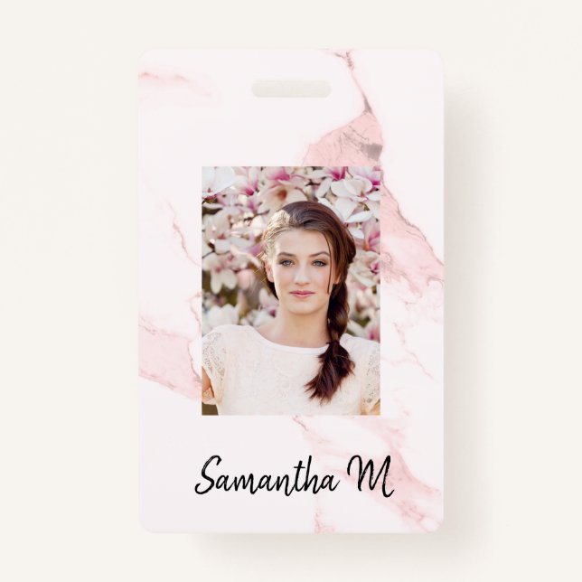 Blush pink marble photo name minimalist badge (Front)