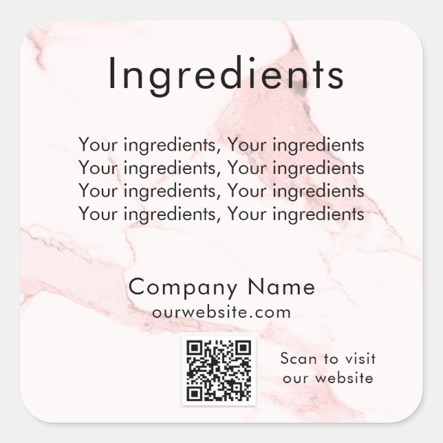 Blush pink marble product ingredient qr code label (Front)
