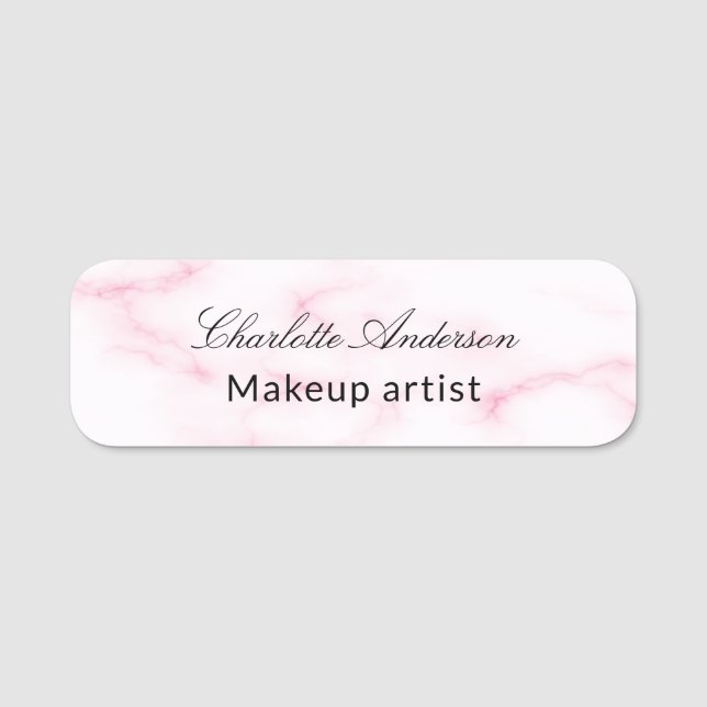 Blush pink marble script business empoyee  name tag (Front)