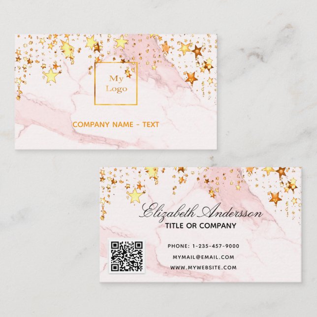 Blush pink marble stars logo elegant QR code Business Card (Front/Back)