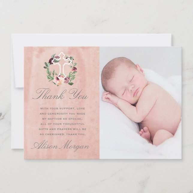 blush pink marsala floral baptism thank you card (Front)