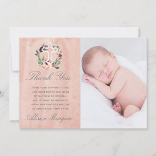 blush pink marsala floral baptism thank you card