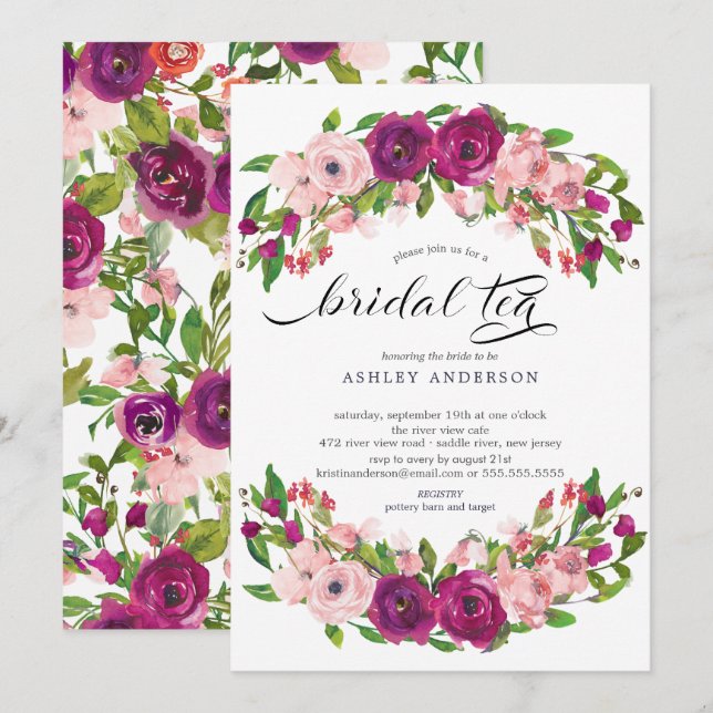 Blush Pink & Marsala Floral Bridal Tea Invitation (Front/Back)