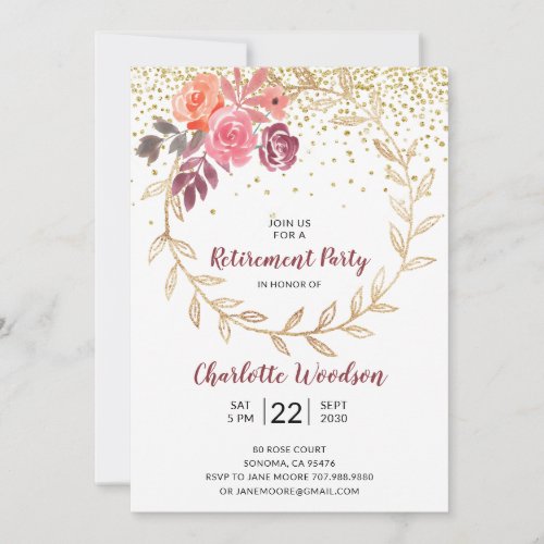 Blush Pink Marsala Gold Glitter Retirement Party Invitation