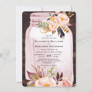 Blush Pink Mason Jar Feather Floral Wedding Invitation