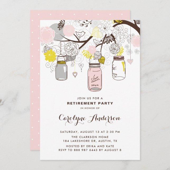 Blush Pink Mason Jars Floral Retirement Party Invitation (Front/Back)