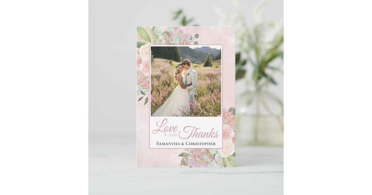 Blush Pink & Mauve Floral Love & Thanks Wedding Thank You Card | Zazzle